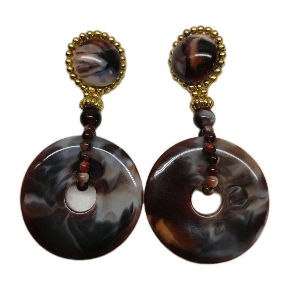 Vintage Brown White‎ Acrylic Dangle Clip On Earrings Statement Costume